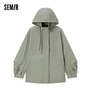 Semir森馬外套女中長(cháng)款連帽收腰滿(mǎn)印秋冬季寬松帥氣女裝炸街潮酷 軍綠4606 S 155/80A