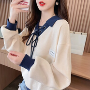皮爾卡丹（pierre cardin）polo領(lǐng)拼接短袖t恤女夏季2025新款寬松韓版小個子洋氣設(shè)計感上衣 藍色長/袖 L (適合111-130斤)