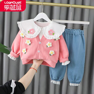【三件套】樂(lè)芭鼠童裝女寶寶套裝春秋新品兒童套裝中小童運(yùn)動(dòng)休閑可愛(ài)開(kāi)衫外套襯衣牛仔褲小孩子衣服 粉紅色（小花三件套） 110碼建議3-4歲(身高100-110cm)