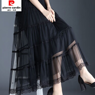 皮爾卡丹三層大擺網(wǎng)紗半身裙秋季半身長(cháng)裙蕾絲花邊垂感a字百褶蛋糕裙 黑色花邊裙 XL 120-140斤