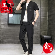 袋鼠（DAISHU）【高端輕奢】中國風男裝佛系復古短袖T恤v夏季潮牌薄款套裝男夏天 古道款-三件套-黑色【上衣+褲子+內(nèi)搭】 2XL