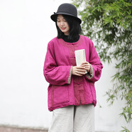 亂在江南撞色拼接亞麻夾棉短外套女冬季新款寬松簡約落肩袖棉服 玫紅色 均碼
