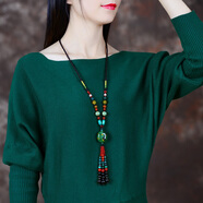 復古風(fēng)長(cháng)款項鏈女棉麻陶瓷毛衣鏈子綠色森系吊墜大氣掛飾掛件百搭 毛衣鏈
