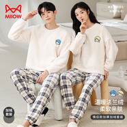 貓人情侶睡衣女士睡衣冬法蘭絨珊瑚絨加厚加絨格子印花家居服米白XL