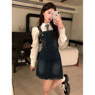 沐悠羽牛仔背帶裙女夏季小個子2023新款韓版氣質(zhì)復(fù)古港風(fēng)收腰顯瘦連衣裙 深藍(lán)色背帶裙 M