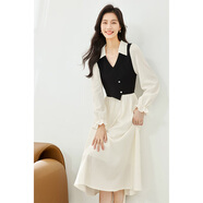 梵希蔓針織拼接連衣裙秋季2025新款女裝V領(lǐng)松緊收腰獨特別致裙子 30027 杏黑色 M