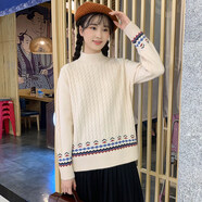 雅格羅伊 中學(xué)生冬季高領(lǐng)毛衣女生初中生高中生線(xiàn)衣加絨加厚少女可愛(ài)圓領(lǐng) 米白 均碼90-120斤