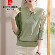 皮爾卡丹（pierre cardin）官方高端夏季新款短袖薄冰絲針織衫女七分袖t恤v領(lǐng)大碼真 品牌旗艦綠色 M (建議92-107斤)