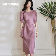 ROEYSHOUSE羅衣復(fù)古泡泡袖褶皺連衣裙夏季新款氣質(zhì)粉色修身中長裙08189 粉色 M
