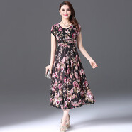 古貝莎連衣裙女夏新款夏裝立體精美臺灣紗數碼印花飄逸長(cháng)裙修身顯瘦裙子 黑色 M