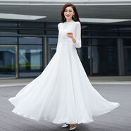 亞貝梵2022新款女長袖系帶領(lǐng)純色雪紡連衣裙修身顯瘦沙灘度假長款大擺裙 白色 XL建議115-125斤