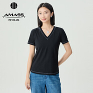 阿瑪施（AMASS）女裝2025新款縫線設(shè)計(jì)修身短袖莫代爾T恤女5301025 5301024 V型領(lǐng)-黑 L (4碼)