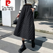 皮爾卡丹（pierre cardin）夾棉半身裙子女士春秋冬季2025新款小個(gè)子高腰a字百褶中長裙 黑色 M (100-115斤)