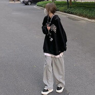 XIPR2024新款春裝12-15歲13大童女孩14-16初中學(xué)生17少女薄款衛衣套裝 黑色衛衣闊腿褲(薄款) XL