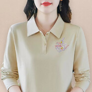 歐宇杉棉質(zhì)長袖t恤女春秋2025新款氣質(zhì)減齡媽媽刺繡百搭秋裝上衣打底衫 62款杏色 L(建議96-109斤)