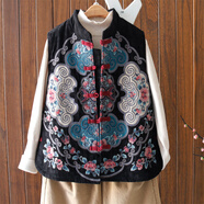 恩若凡中國風(fēng)女裝民族風(fēng)馬甲刺繡夾棉馬夾冬季復古棉麻加厚立領(lǐng)背心外搭 黑色 均碼/夾棉