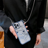 適用蘋果13手機殼新款帶plus掛繩iPhone14promax高級感 【銀色】蝴蝶結(jié)小熊閃粉殼+ 珠子斜挎繩1 iPhone 13