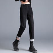 朵世界 高腰薄絨牛仔褲女秋冬季寬松直筒老爹褲2021年顯瘦顯高加絨牛仔褲女小腳哈倫褲 黑色 29碼(2尺2)