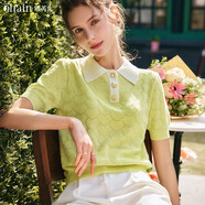 Olrain歐芮兒POLO領(lǐng)短袖針織衫女夏季女裝時尚法式撞色愛心上衣女 黃綠色 S 155/80A