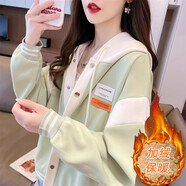 芽梔舞早秋設計感小眾棒球服外套女春秋韓版寬松薄款小個(gè)子百搭連帽衛衣 綠色-加絨加厚（優(yōu)質(zhì)版） M （建議80-100斤）