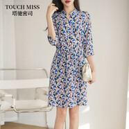 塔馳密司（TOUCH MISS）連衣裙女夏季新款清爽印花襯衫裙半開(kāi)襟系帶桑蠶絲中長(zhǎng)款連衣裙 白底印花 M