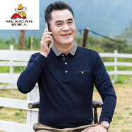 稻草人爸爸長袖t恤男中年寬松翻領(lǐng)薄款上衣男中老年休閑純棉polo男衫男 R8801藏青/純棉【真口袋】 L 170 120斤-135斤
