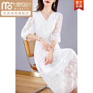 莫代爾 重工連衣裙女夏感2025年新款法式V領(lǐng)顯瘦氣質(zhì)長裙 白色 L 建議100-115斤