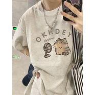 索菲堡 純棉設計感小眾美式貓咪印花短袖T恤女夏季新款卡通寬松百搭上衣 白灰色 L