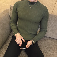 湯米伍德秋冬新款半高領(lǐng)條紋毛衣男士針織衫修身內(nèi)搭中領(lǐng)打底衫春秋款上衣 軍綠A213-MY01 M