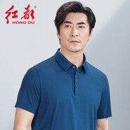 紅都夏季新款男士短袖T恤羊毛商務(wù)休閑翻領(lǐng)簿款中年半袖t恤衫 深藍TJ7280-1 2XL 185/100A