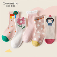 卡拉美拉（Caramella）秋季新款兒童襪子男女童棉質(zhì)春秋中筒襪嬰兒卡通可愛(ài)寶寶長(cháng)筒襪 粉色花仙子女童襪 5雙 均碼 (M) 碼16-18cm（建議4-6歲）