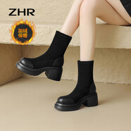 ZHR短靴女冬加絨高跟彈力瘦瘦靴女增高美拉德短靴 EH35A 黑色 37 
