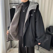 魯雅爾羊羔毛絨晉江棉服男秋冬季寬松潮流保暖加厚工裝外套羽棉絨襖衣服 黑色 加絨加厚 XL 【建議120-140斤】
