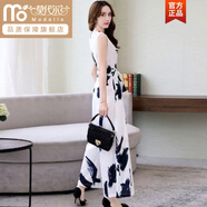 莫代爾雪紡連體褲2025夏天女士新款印花時(shí)尚洋氣垂感輕熟闊腿背帶褲套裝 黑白色連體褲 XL 121-135斤