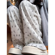 趣米樂(lè )碎花闊腿休閑褲女夏季新款高腰寬松慵懶風(fēng)小個(gè)子高級感直筒褲子女 淺灰色 S