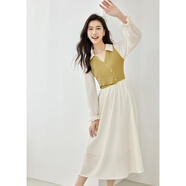 梵希蔓針織拼接連衣裙秋季2025新款女裝V領(lǐng)松緊收腰獨特別致裙子 30027 杏綠色 M