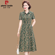 皮爾卡丹（pierre cardin）媽媽裝夏季短袖碎花有領(lǐng)連衣裙中年女裝襯衫領(lǐng)冰絲顯瘦口袋裙子 綠色玫瑰 3XL 建議120-135斤