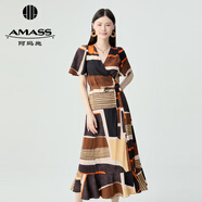 阿瑪施（AMASS）女裝新款交襟浪漫法式荷葉裙擺花色連衣裙5500532 棕 S (2碼)