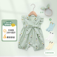 wua.wua嬰兒衣服夏季薄款0-12個(gè)月女寶寶連體衣套裝公主款哈衣外出夏裝 薄荷綠+發(fā)帶+三雙防蚊襪 80cm （適合9-12月 體重16-20斤）