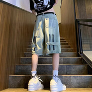 衣然呈品美式拉鏈牛仔褲男夏季新款直筒寬松闊腿潮流做舊拉鏈休閑長(cháng)褲子男 黃泥色拉鏈短款 2XL【建議130-155斤】