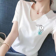 朵伶詩兒 白色v領(lǐng)短袖T恤女新款夏季半袖韓版寬松大上衣女士百搭體恤碼 白【圓小草】 M 建議90-105斤