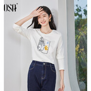 歐莎（OSA）印花長(zhǎng)袖T恤女百搭打底衫內(nèi)搭2025年秋季新款大碼巨顯瘦上衣正肩 白色 L