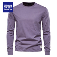 羅蒙（ROMON）純色男t恤小白T休閑長袖純棉打底衫早春百搭圓領(lǐng)白色重磅上衣 紫色 M 體重125-145斤