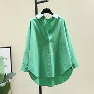羅蒙（ROMON）特價(jià)撿漏純棉襯衫女夏季新款設計感前短后長(cháng)開(kāi)衫寬松顯瘦休閑襯衣 綠色 3XL 155-175斤