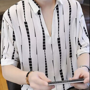 木子勝夏季冰絲薄款豎條紋短袖t恤polo體恤衫男款寬松痞帥外套半截袖 白色 L