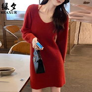 綠夕（REAXUR）毛衣裙秋裝連衣裙女2025新款針織裙打底紅色裙子小香風(fēng)氣質(zhì)甜美潮 紅色 S