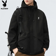花花公子（PLAYBOY）外套男沖鋒夾克男裝春季男士休閑工裝連帽潮流上衣服 黑色 XL