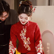 麗佰昕敬酒服新娘旗袍酒紅色小個(gè)子訂婚禮服裙中式改良結婚蕾絲兩件套女 酒紅色 M  建議90-100斤