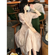 妍莉芬（yanlifen）復(fù)古法式茶歇?dú)赓|(zhì)高腰連衣裙新款2023夏季女裝拼接顯瘦蛋糕裙子 奶油香檳色 S