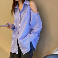 夢(mèng)史怡2021春夏新款韓版學(xué)院風(fēng)設計感寬松百搭小眾燈籠袖條紋襯衫上衣女 36#藍色條紋露肩 3XL